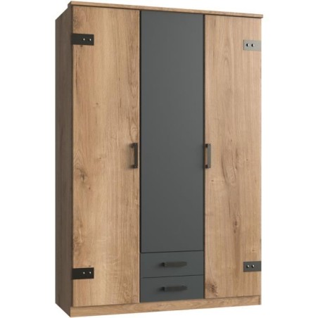 Armoire CORFOU - Décor Chene et gris anthracite - 3 portes battantes - 2 tiroirs - L135 x P58 x H199 cm