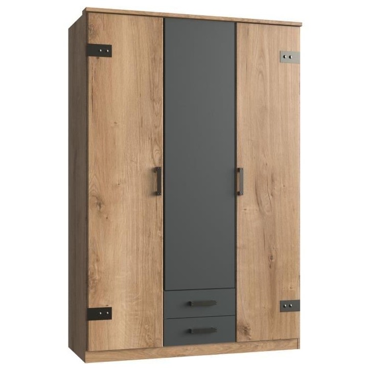 Armoire CORFOU - Décor Chene et gris anthracite - 3 portes battantes - 2 tiroirs - L135 x P58 x H199 cm Armoire CORFOU - Décor Chene et gris anthracite - 3 portes battantes - 2 tiroirs - L135 x P58 x H199 cm