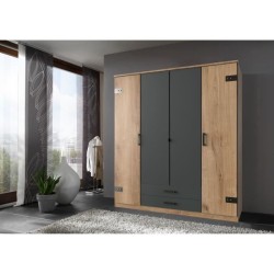 Armoire CORFOU - Décor Chene et gris anthracite - 4 portes battantes