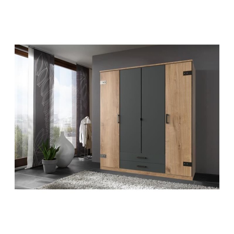 Armoire CORFOU - Décor Chene et gris anthracite - 4 portes battantes Armoire CORFOU - Décor Chene et gris anthracite - 4 portes battantes