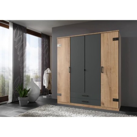 Armoire CORFOU - Décor Chene et gris anthracite - 4 portes battantes