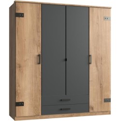 Armoire CORFOU - Décor Chene et gris anthracite - 4 portes battantes