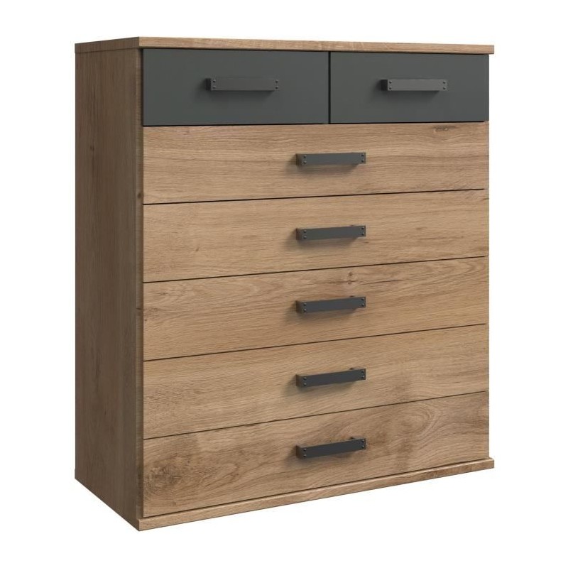 Commode CORFOU - 5 grands tiroirs + 2 petits - décor Chene et gris - Commode CORFOU - 5 grands tiroirs + 2 petits - décor Chene et gris -