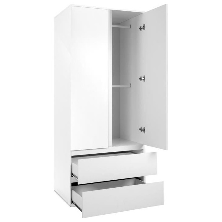 Armoire Image 60A - 2 portes battantes - 2 tiroirs - Blanc Mat - L80 x H191 x P55 cm