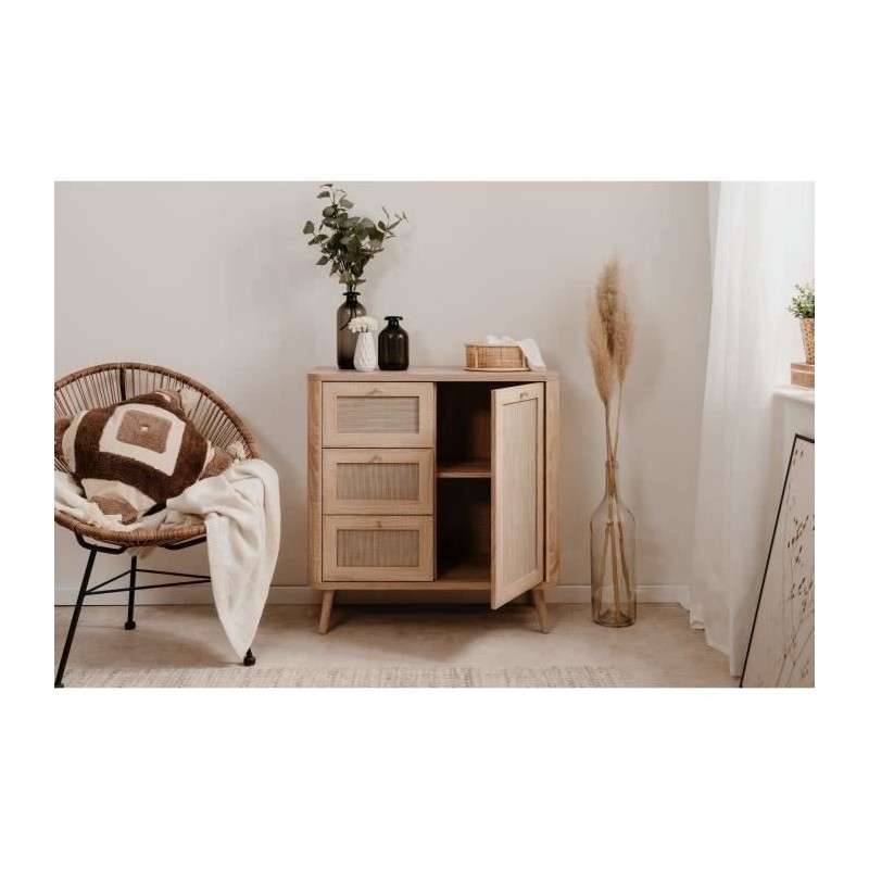 Commode - 3 tiroirs - 1 porte - Décor Cannage - L80,9 x H84 x P40 cm Commode - 3 tiroirs - 1 porte - Décor Cannage - L80,9 x H84 x P40 cm