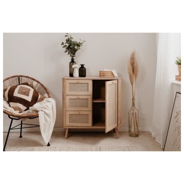Commode - 3 tiroirs - 1 porte - Décor Cannage - L80,9 x H84 x P40 cm
