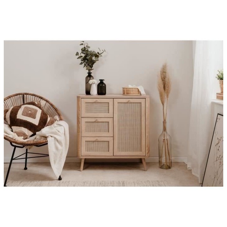 Commode - 3 tiroirs - 1 porte - Décor Cannage - L80,9 x H84 x P40 cm