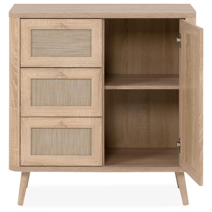 Commode - 3 tiroirs - 1 porte - Décor Cannage - L80,9 x H84 x P40 cm
