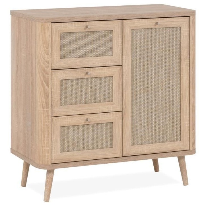 Commode - 3 tiroirs - 1 porte - Décor Cannage - L80,9 x H84 x P40 cm