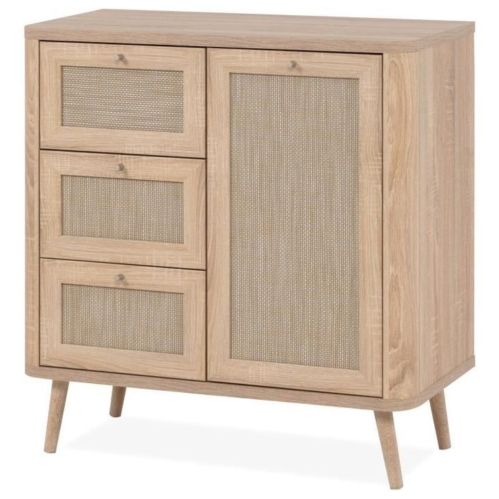 Commode - 3 tiroirs - 1 porte - Décor Cannage - L80,9 x H84 x P40 cm