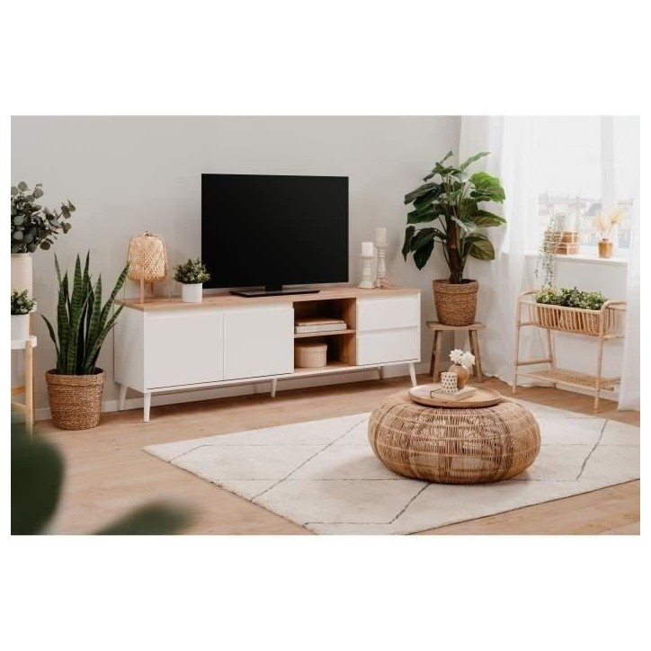 Meuble TV Linz 56A - Décor blanc / chene artisan - Panneaux de particules - 186 x 59 x 36 cm