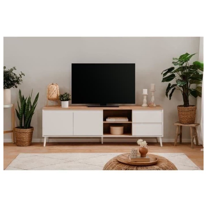 Meuble TV Linz 56A - Décor blanc / chene artisan - Panneaux de particules - 186 x 59 x 36 cm