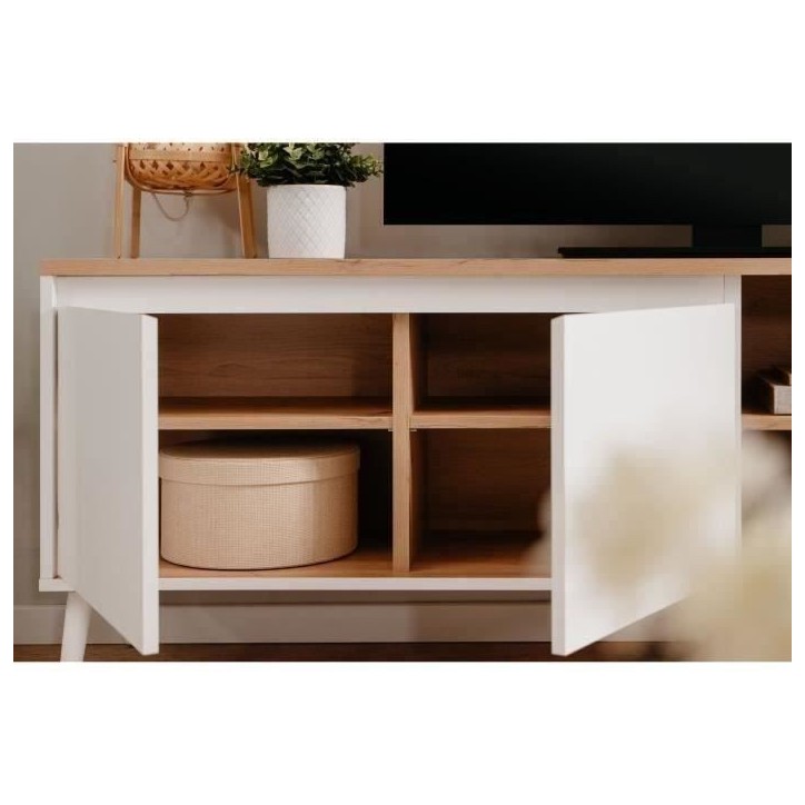 Meuble TV Linz 56A - Décor blanc / chene artisan - Panneaux de particules - 186 x 59 x 36 cm