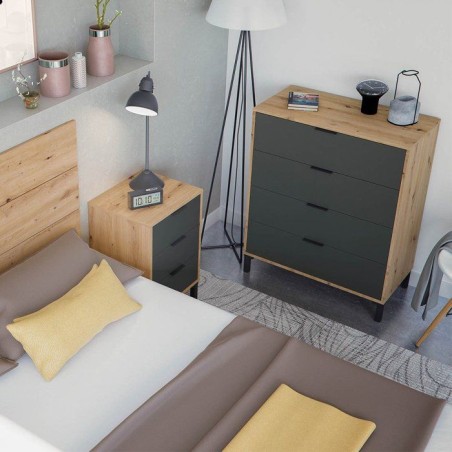 CALICOSY - Commode 4 tiroirs décor chene noueux et gris anthracite - L77,5 cm - Bois clair