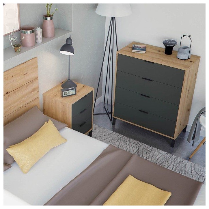 CALICOSY - Commode 4 tiroirs décor chene noueux et gris anthracite - L77,5 cm - Bois clair