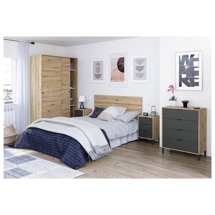CALICOSY - Commode 4 tiroirs décor chene noueux et gris anthracite - L77,5 cm - Bois clair