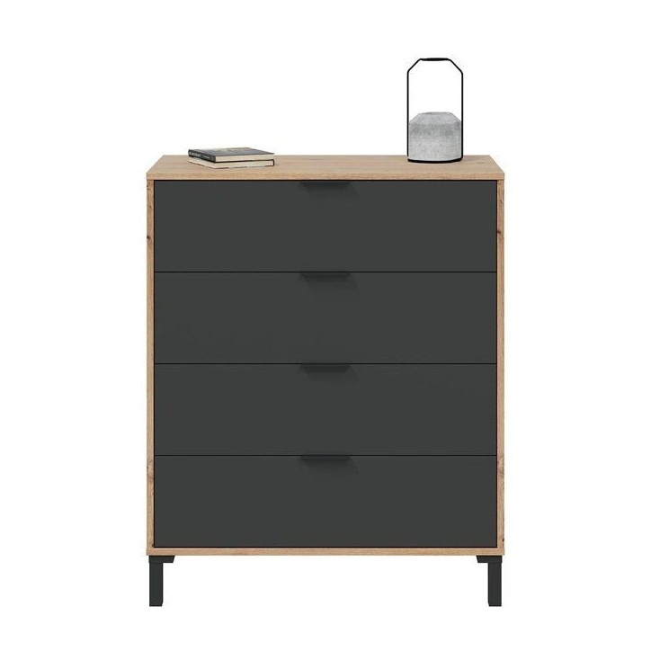 CALICOSY - Commode 4 tiroirs décor chene noueux et gris anthracite - L77,5 cm - Bois clair