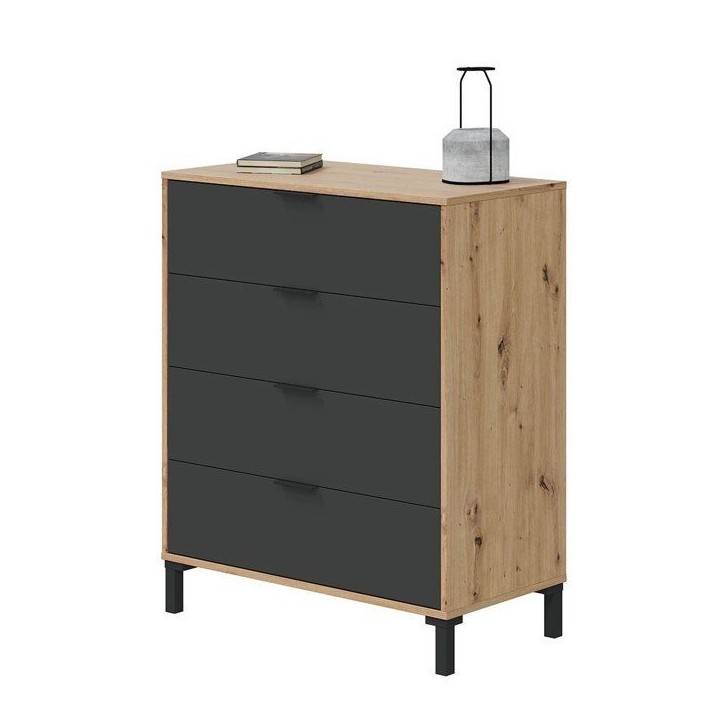 CALICOSY - Commode 4 tiroirs décor chene noueux et gris anthracite - L77,5 cm - Bois clair