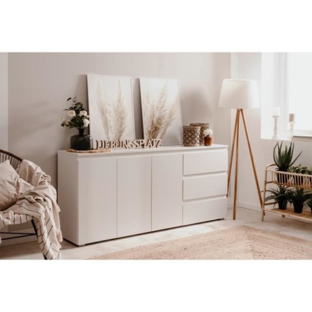 Buffet Capetown - Décor blanc brillant - Panneaux de particules - 3 portes - 3 étageres - 3 tiroirs - 179 x 80,5 x 40 cm