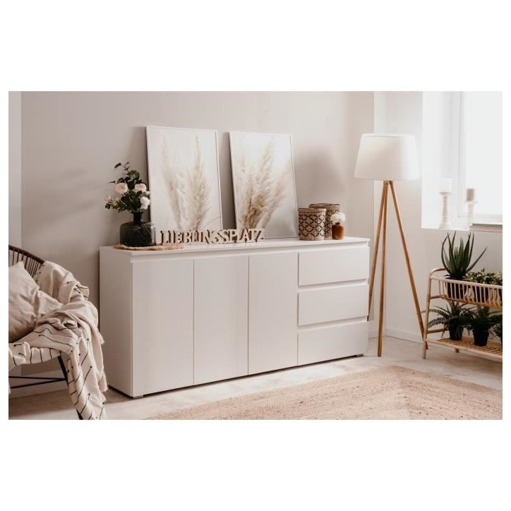 Buffet Capetown - Décor blanc brillant - Panneaux de particules - 3 portes - 3 étageres - 3 tiroirs - 179 x 80,5 x 40 cm