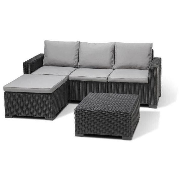 Salon de jardin en résine imitation rotin tressé - Gris graphite - Avec pouf et table basse - KETER - 4 personnes - CALIFORNIA