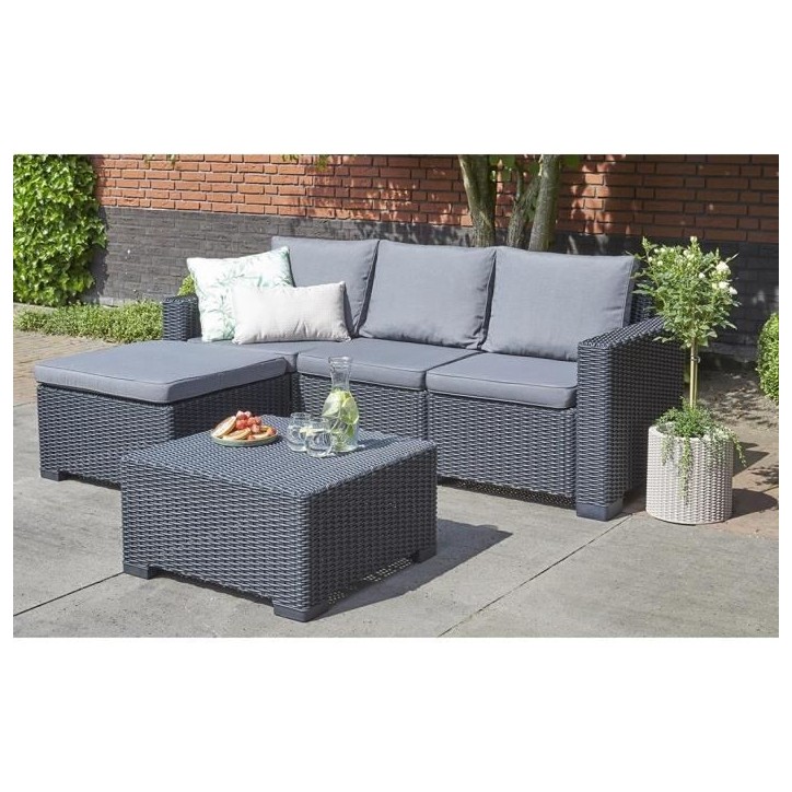 Salon de jardin en résine imitation rotin tressé - Gris graphite - Avec pouf et table basse - KETER - 4 personnes - CALIFORNIA