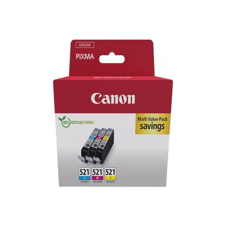 Pack 3 cartouches d'encre CANON CLI-521 C/M/Y - CYAN/MAGENTA/JAUNE