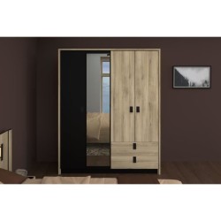 Armoire - Chene / Noir - 4 portes 2 tiroirs - 162 x 52,1 x 199,2 cm -