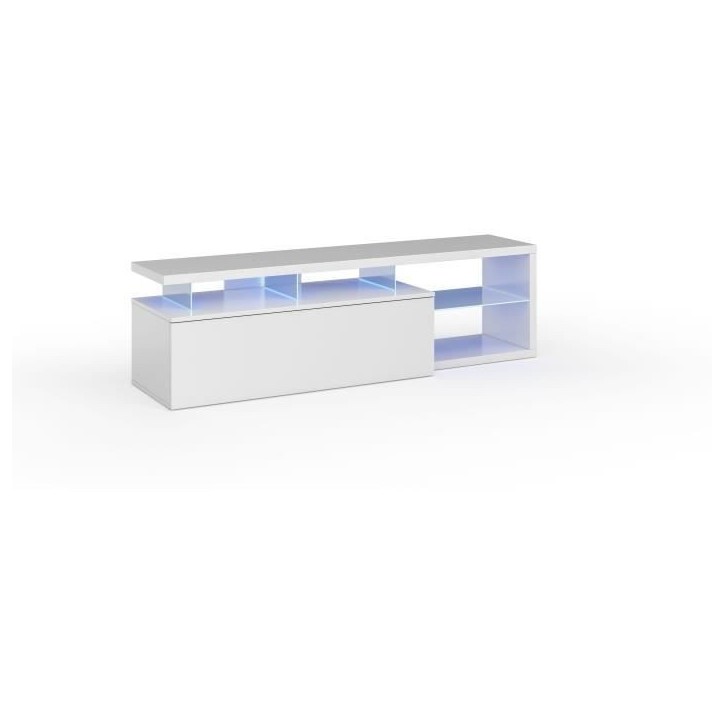 Meuble TV réversible BLUE-TECH - Mélaminé blanc laqué - 1 Porte abattante - LED - Blanc brillant - L150 x P41 x H43 cm