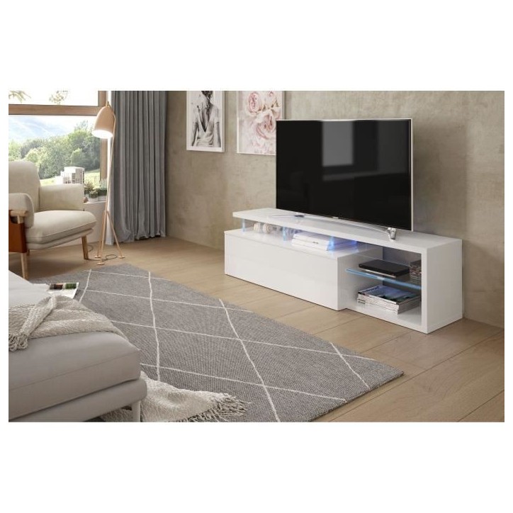 Meuble TV réversible BLUE-TECH - Mélaminé blanc laqué - 1 Porte abattante - LED - Blanc brillant - L150 x P41 x H43 cm