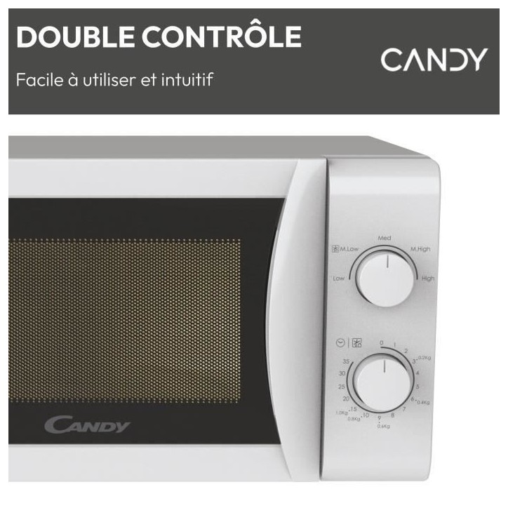 CMW20SMW Micro-ondes Mono CANDY Idea - 20L - MO : 700W - UI mécanique - 5 niveaux de puissance - Blanc CMW20SMW Micro-ondes Mono CANDY Idea - 20L - MO : 700W - UI mécanique - 5 niveaux de puissance - Blanc