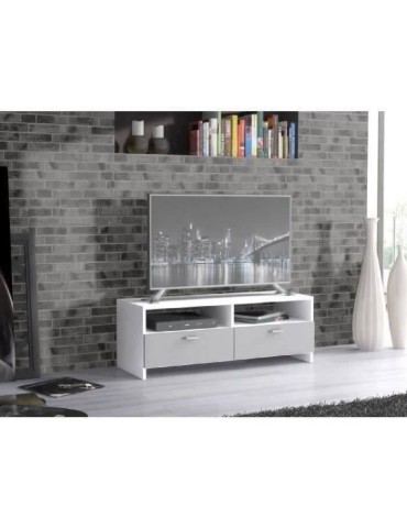 Meuble TV PILVI - Blanc et gris mat - Contemporain - L 95 x P 36 x H 34,5 cm
