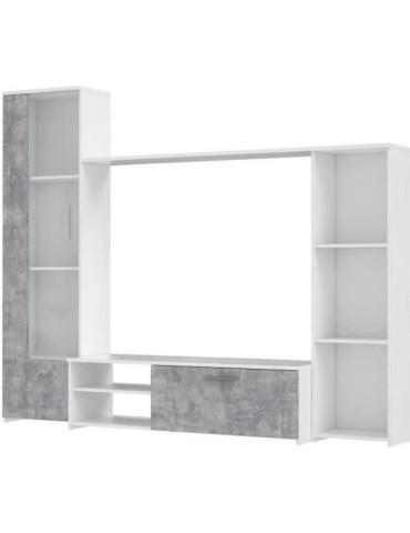 Meuble TV paroi murale - Blanc mat et béton clair - porte vitrée + 5 niches - Contemporain - L 220,4 x P41,3 x H177,5 cm - PIL