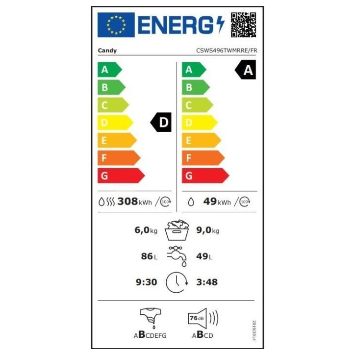 Lave-linge séchant CANDY CSWS496TWMRRE/FR - 9 / 6 kg - Induction - 1400 trs/min - 15 prgms - gris