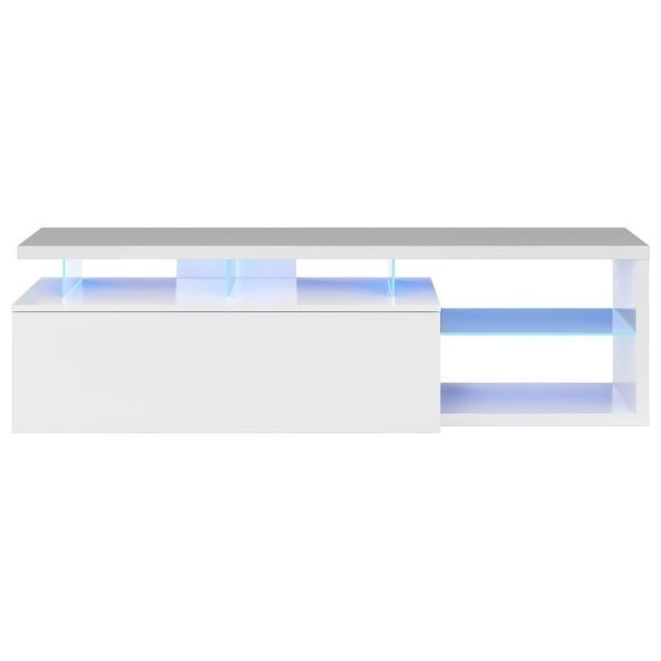 Meuble TV réversible BLUE-TECH - Mélaminé blanc laqué - 1 Porte abattante - LED - Blanc brillant - L150 x P41 x H43 cm