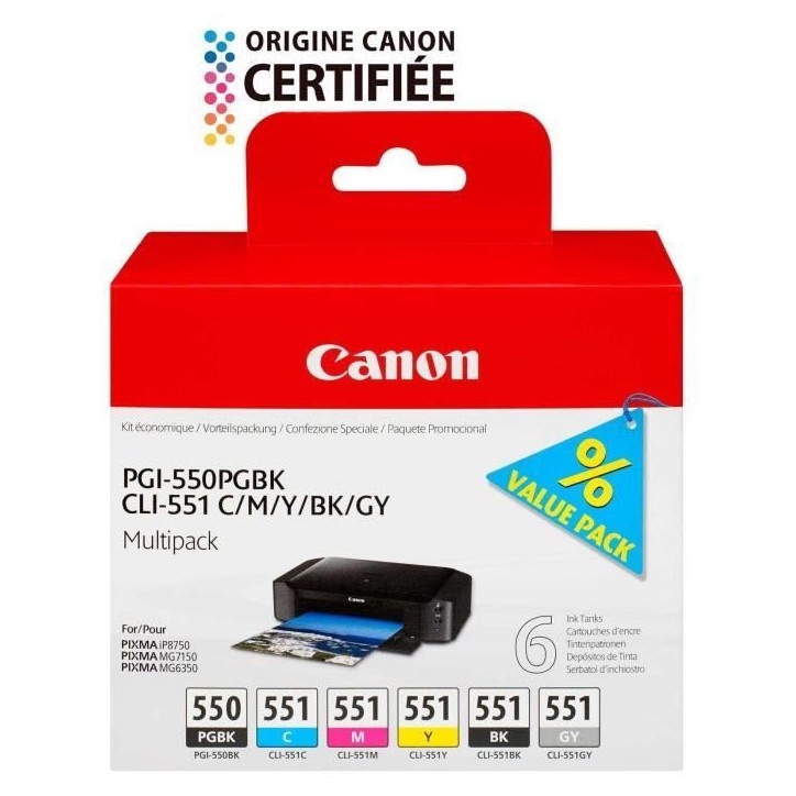 CANON Pack de 5 cartouches d'encre PGI-550 / CLI-551 Noir/Cyan/Magenta/Jaune/Gris
