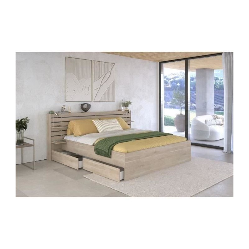 Lit adulte ESCALE 180x200 cm - Décor chene du Japon - 2 tiroirs + Tet Lit adulte ESCALE 180x200 cm - Décor chene du Japon - 2 tiroirs + Tet