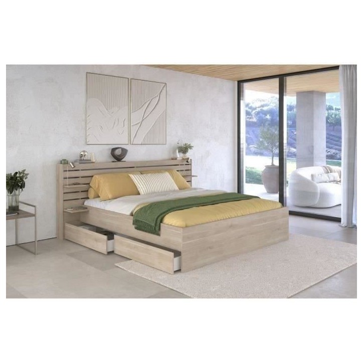 Lit adulte ESCALE 180x200 cm - Décor chene du Japon - 2 tiroirs + Tete de lit - L235.4 x H98,2 x P216,8 cm - Fabriqué en Franc