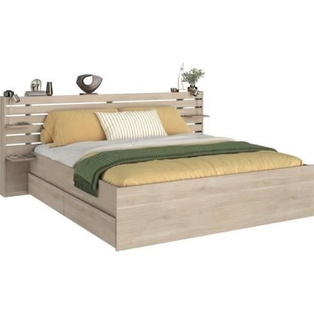 Lit adulte ESCALE 180x200 cm - Décor chene du Japon - 2 tiroirs + Tete de lit - L235.4 x H98,2 x P216,8 cm - Fabriqué en Franc
