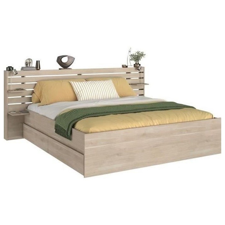 Lit adulte ESCALE 180x200 cm - Décor chene du Japon - 2 tiroirs + Tete de lit - L235.4 x H98,2 x P216,8 cm - Fabriqué en Franc