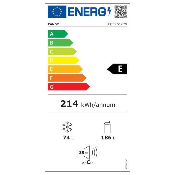 Réfrigérateur combiné - CANDY - CCT3L517EW - Classe E - 260 L - 39 dB - Blanc Réfrigérateur combiné - CANDY - CCT3L517EW - Classe E - 260 L - 39 dB - Blanc