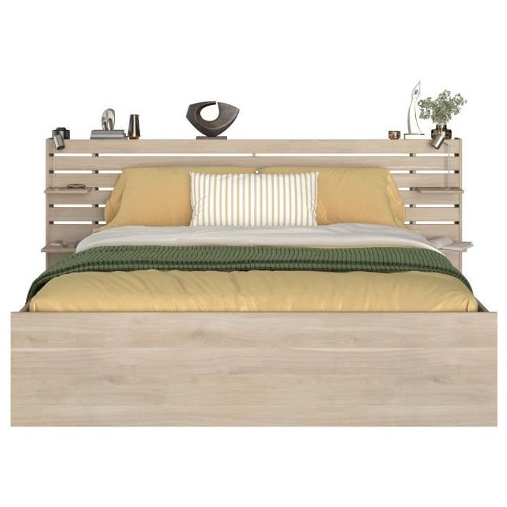 Lit adulte ESCALE 180x200 cm - Décor chene du Japon - 2 tiroirs + Tete de lit - L235.4 x H98,2 x P216,8 cm - Fabriqué en Franc