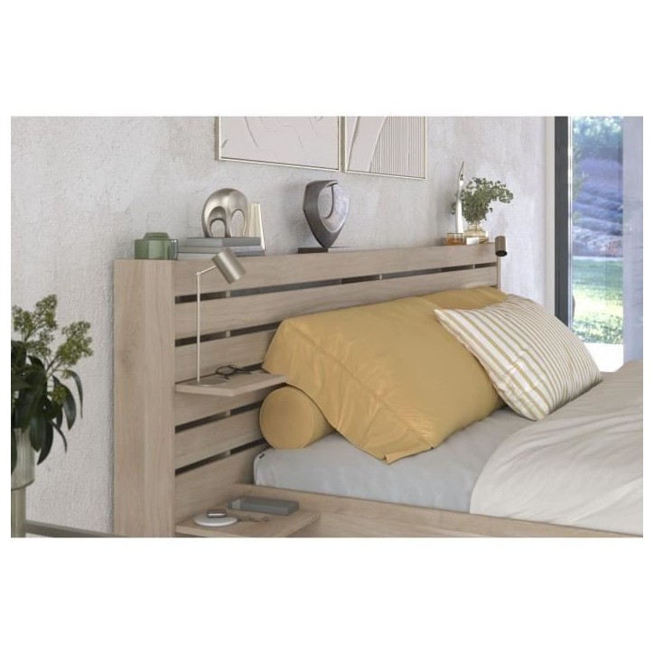 Lit adulte ESCALE 180x200 cm - Décor chene du Japon - 2 tiroirs + Tete de lit - L235.4 x H98,2 x P216,8 cm - Fabriqué en Franc