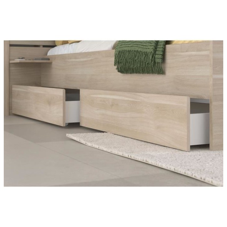 Lit adulte ESCALE 180x200 cm - Décor chene du Japon - 2 tiroirs + Tete de lit - L235.4 x H98,2 x P216,8 cm - Fabriqué en Franc
