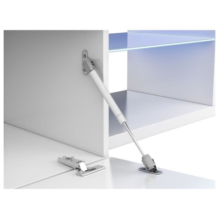 Meuble TV réversible BLUE-TECH - Mélaminé blanc laqué - 1 Porte abattante - LED - Blanc brillant - L150 x P41 x H43 cm