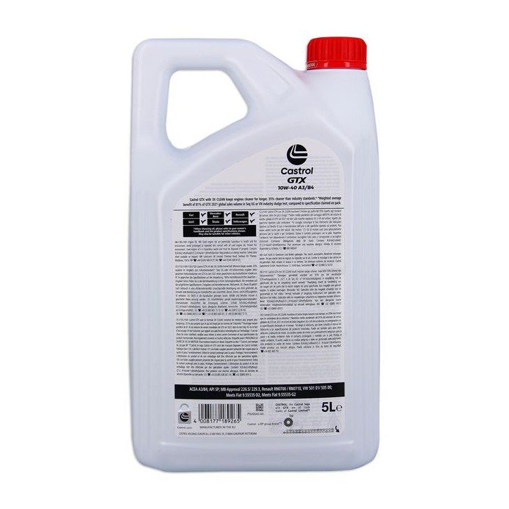 Huile moteur - CASTROL GTX 10W-40 A3/B4 - 5L - 10W40