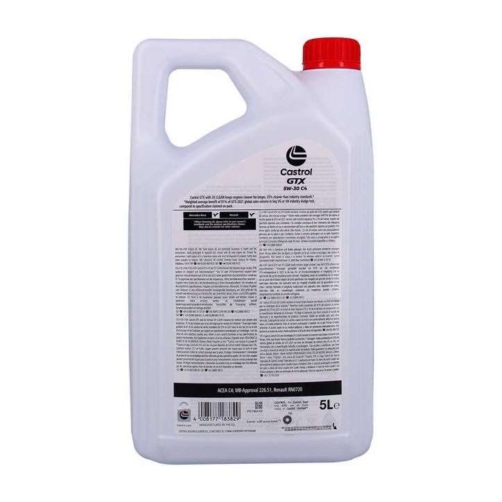 Huile moteur - CASTROL GTX 5W-30 C4 - 5L - 5W30