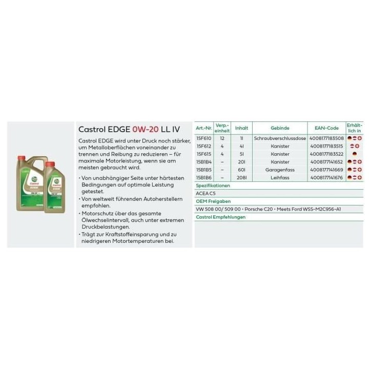 Huile moteur - CASTROL EDGE 0W-20 LL IV - 1L - 0W20