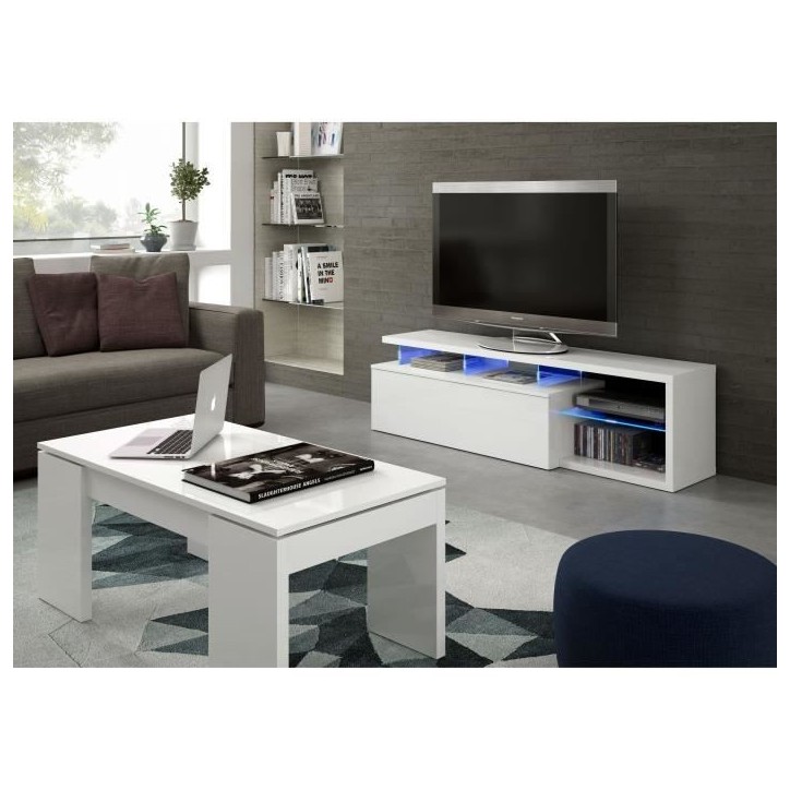 Meuble TV réversible BLUE-TECH - Mélaminé blanc laqué - 1 Porte abattante - LED - Blanc brillant - L150 x P41 x H43 cm