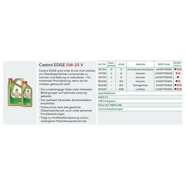 Huile moteur - CASTROL - EDGE 0W-20 V - 1L